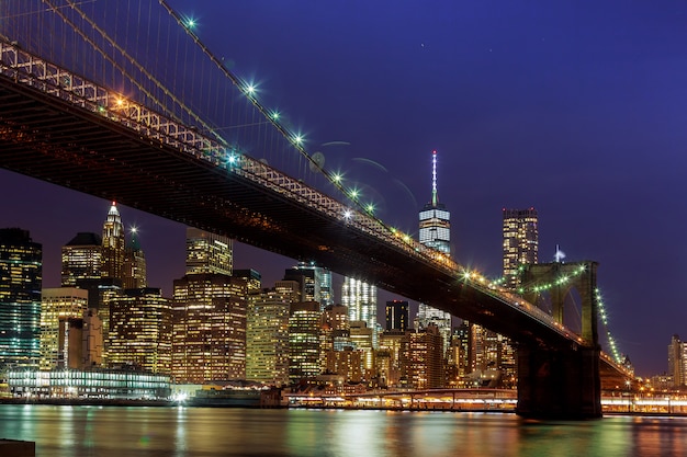 Panoramic view new york city manhattan downtown skyline at night