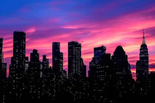 Foto una vista panoramica dello skyline di new york city durante la silhouette dei grattacieli di sunset city ambientata contro una drammatica scena del crepuscolo generata dall'ai