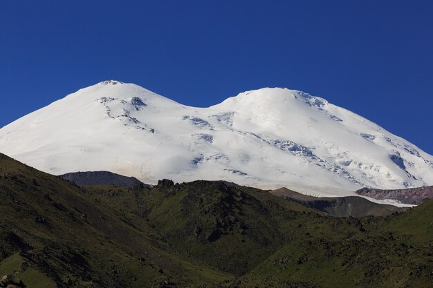 Panoramic view of the northern slope of Mount Elbrus of the Caucasus Mountains in Russia