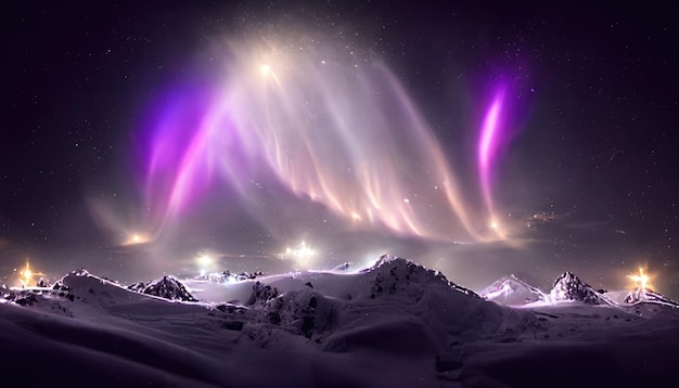 写真 奇跡的な北極光の下の冬の風景のパノラマ景色