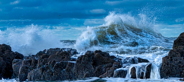 写真 岩の背後にある海のパノラマ景色