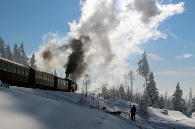 写真 空を背景に雪に覆われた山のパノラマ景色