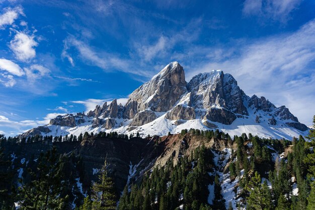 写真 空に照らされた雪に覆われた山のパノラマ景色