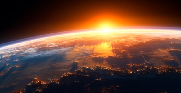 Фото Панорамный вид глобуса планеты земля из космоса блестящее яркое солнце ии сгенерированное изображение