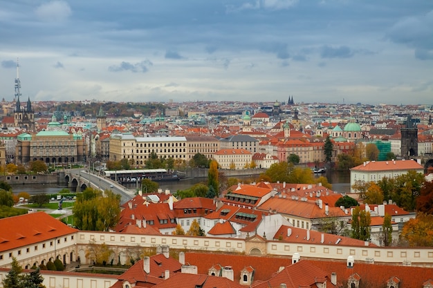 Panoramic view of old town in Prague. History, cathedral. Aerial view over Old Town in Prague, Czech Republic. Bohemia, famous.