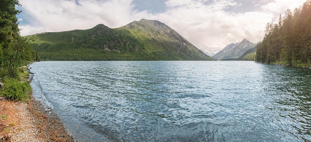 Panoramic view of one of the main natural attractions of Altai and all of Russia the lower Multa Lake Katunsky Nature Reserve and environmental ecology