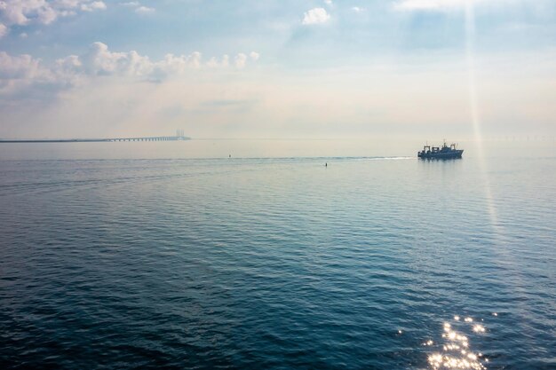 Panoramic view of oresund bridge during sunset over the baltic sea