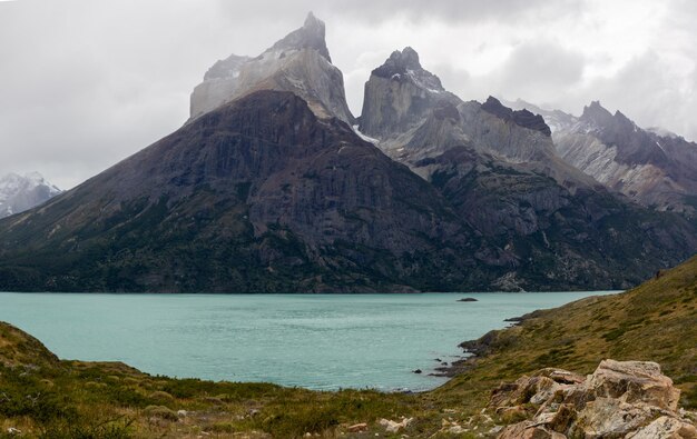 Panoramic view of Pehoe lake in Torres del Paine national park