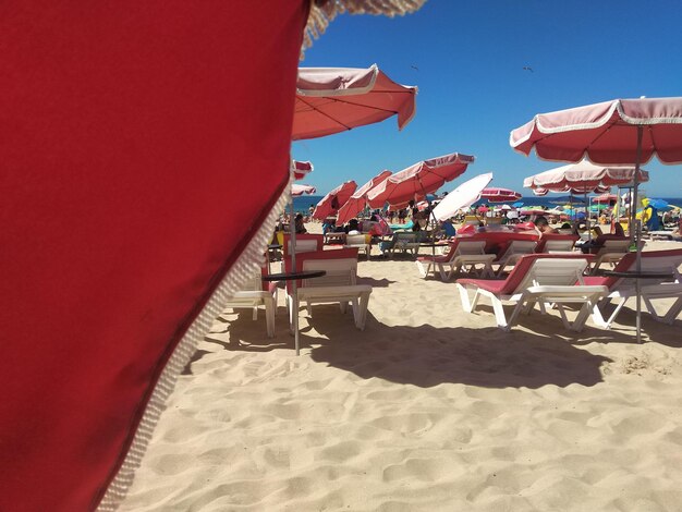 Panoramic view of people on beach against clear sky