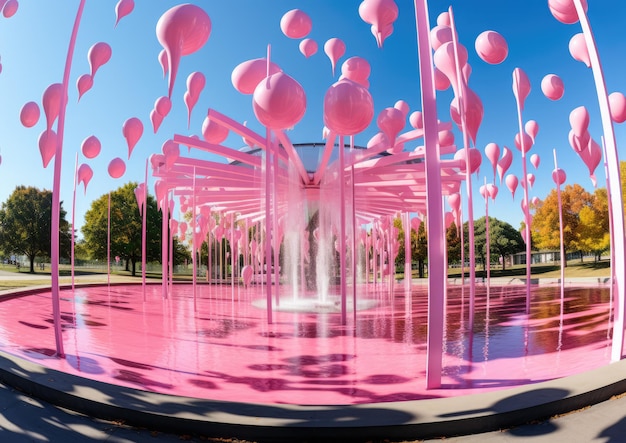 Foto una vista panoramica di un'installazione artistica a tema rosa in un parco pubblico con varie sculture e