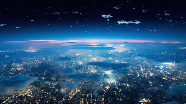 Panoramic view on planet earth globe from space glowing city lights light clouds generative ai