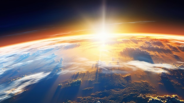 Панорамный вид на планету Земной шар из космоса Светящиеся огни города легкие облака Генеративный ИИ