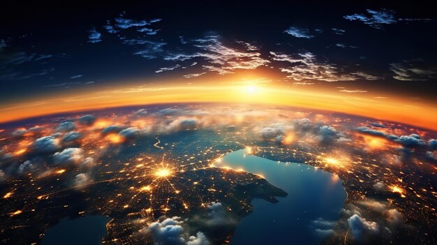 宇宙から見た地球のパノラマビュー 輝く街の明かり 光の雲 生成 AI