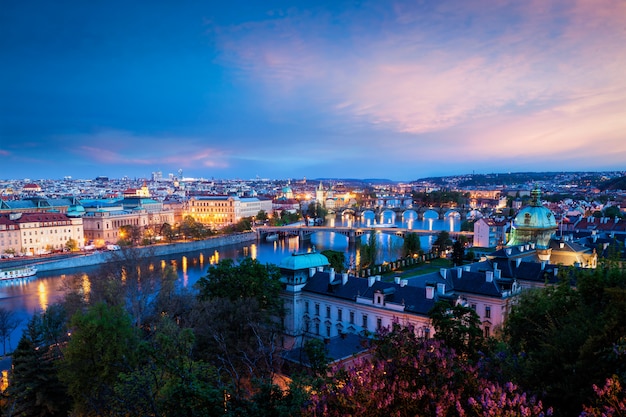 Panoramic view of Prague bridges over Vltava river