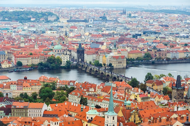 Vista panoramica al fiume di moldava e di praga di estate, repubblica ceca, europa