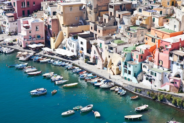 Panoramic view of procida isle, in naples gulf, italy