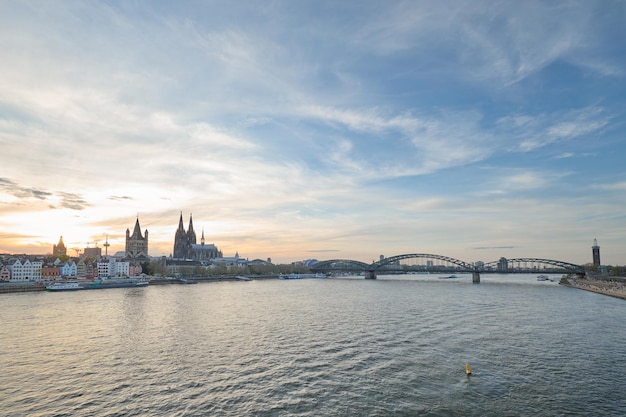 Panoramic view of the Rhine river at sunset as it passes through the city of Cologne in Germany