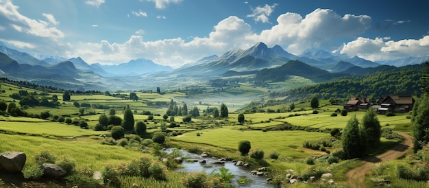 Panoramic view of rice fields and mountains