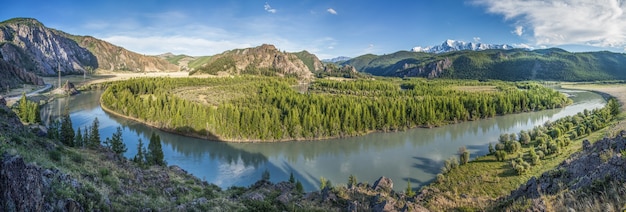 Panoramic view of the river in the Altai mountains in the evening light