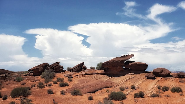 Panoramic view of rock formations on landscape against sky