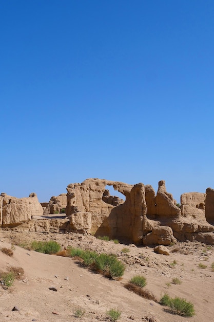 Panoramic view of rocks against clear blue sky