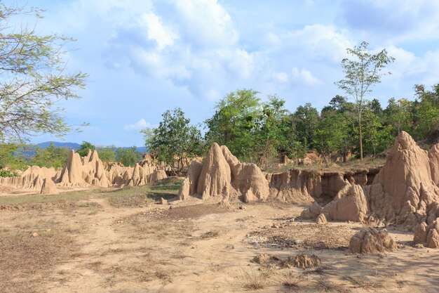 Panoramic view of rocks on landscape against sky