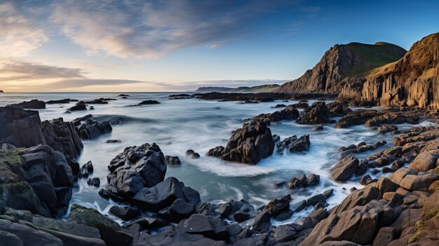 A panoramic view of the rocks and the water on the coast