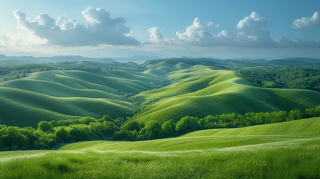 A panoramic view of rolling hills under a dynamic sky