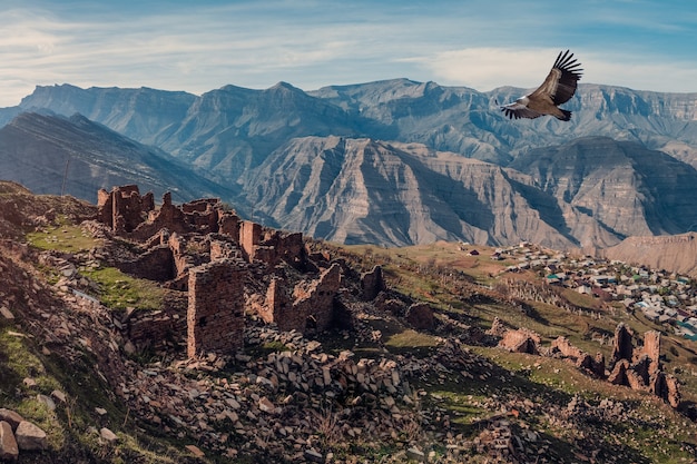 Panoramic view of ruins and towers of the aul ghost Goor in Dagestan in the evening light. Russia.