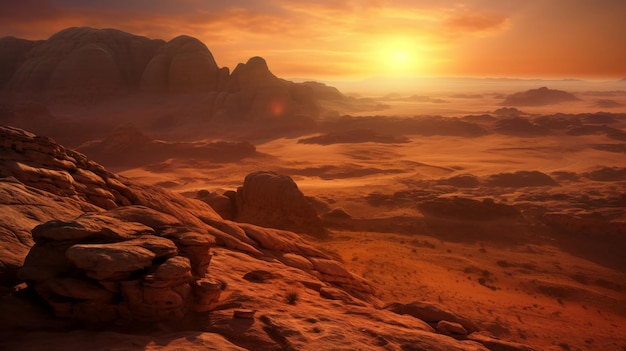 A panoramic view of the sahara desert with sun set
