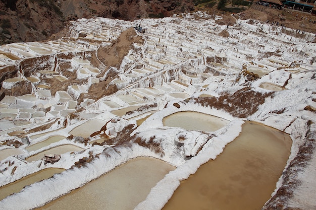 Panoramic view of the salt mines of Maras, Peru