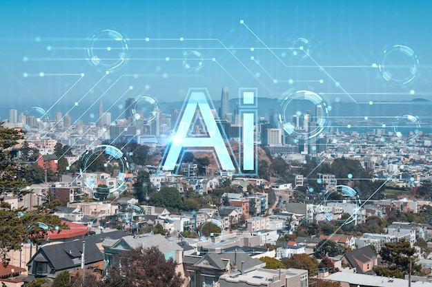 丘の中腹からのサンフランシスコのスカイラインの昼間のパノラマ ビュー 金融街の住宅街 人工知能の概念 ホログラム AI 機械学習 ニューラル ネットワーク ロボティクス