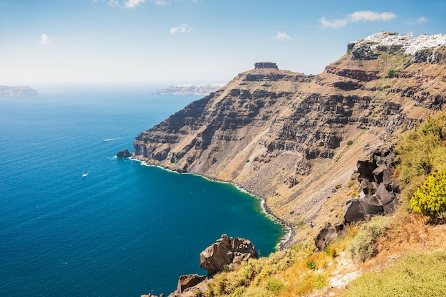 Panoramic view of Santorini island, Greece. Beautiful summer landscape, sea view.