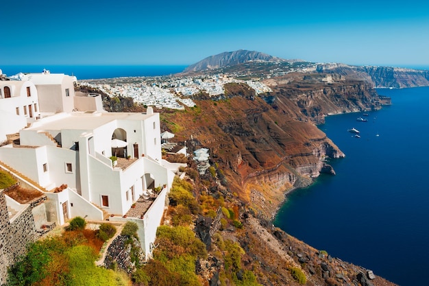 Panoramic view of on Santorini island, Greece. Summer landscape, sea view. Famous travel destination