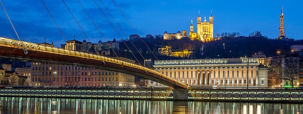 Panoramic view of Saone river at Lyon by night, France