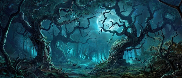 Panoramic view of scary dark forest at night magical spooky woods with crooked trees and moon Gloomy landscape in fairy tale world Concept of fantasy nature horror banner
