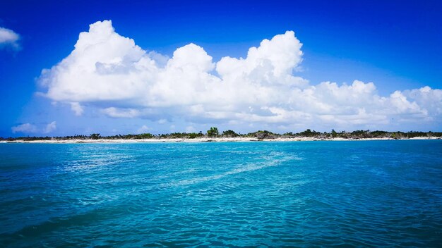 Panoramic view of sea against blue sky