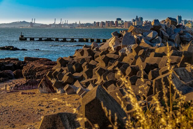 Panoramic view of sea against clear sky