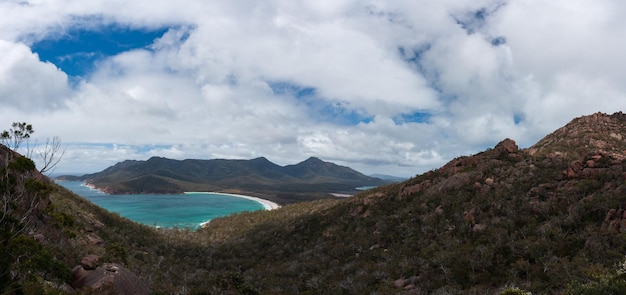 Panoramic view of sea and mountains against sky