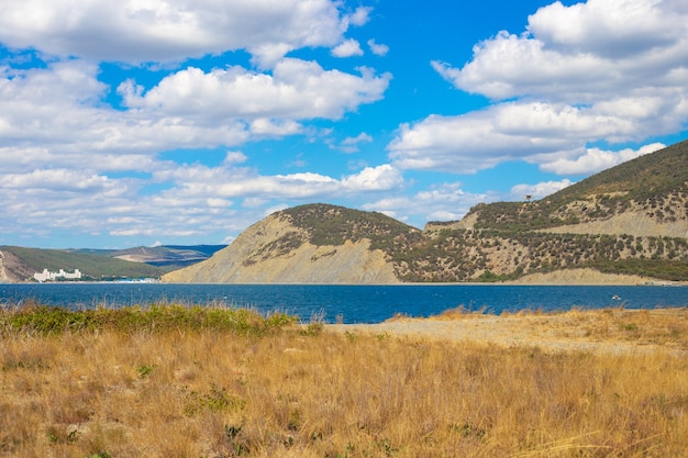 Panoramic view of sea and mountains at Bolshoy Utrish deck