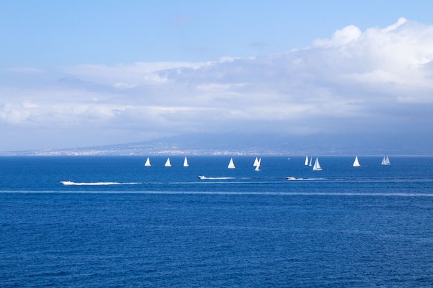 Panoramic view of the sea,white yachts  and sailboats