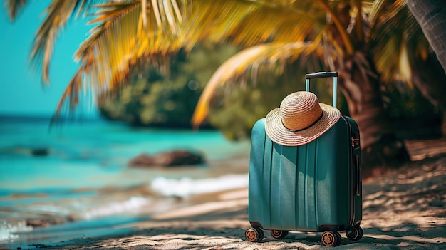 Панорамный вид на морское побережье с чемоданами с соломенной шляпой на песчаном пляже