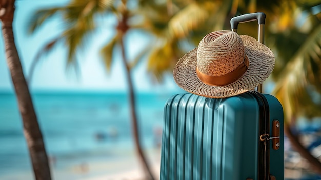 Панорамный вид на морское побережье с чемоданами с соломенной шляпой на песчаном пляже