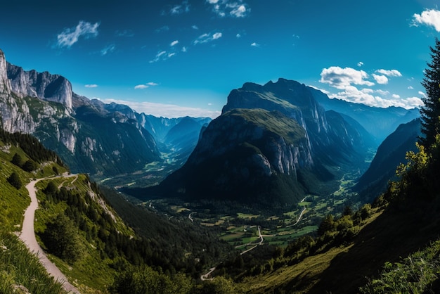 A panoramic view of a serene mountain landscape with clear blue skies and a misty valley below