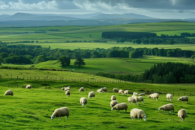 A panoramic view of sheep dotting the expansive gr generative ai