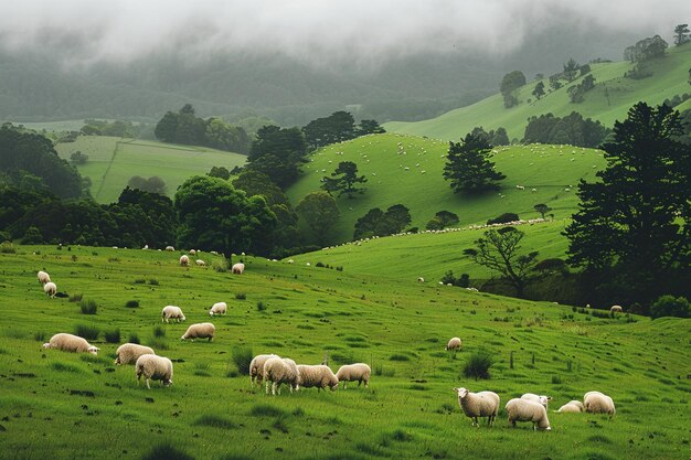 A panoramic view of sheep dotting the expansive gr generative ai