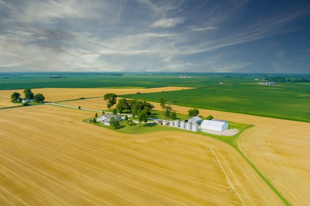 Panoramic view of silver silos storage elevator on agro processing drying cleaning of agricultural products around field