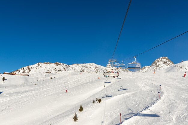 Panoramic view of ski lift against clear blue sky