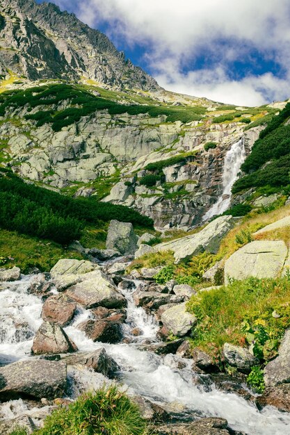 Panoramic view of Skok waterfall and the lake in the western part of High Tatras Slovakia