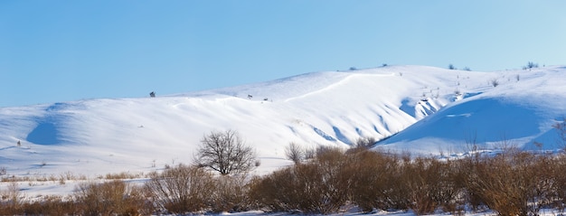 ロシア中部の雪に覆われた丘のパノラマビュー